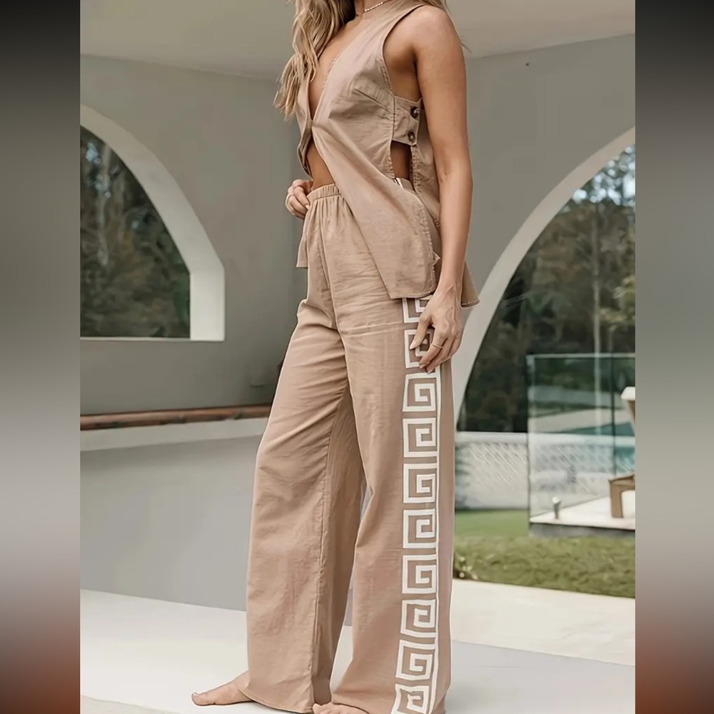 886. Elegant Solid Color Polyester Long Pants Set… - image 1